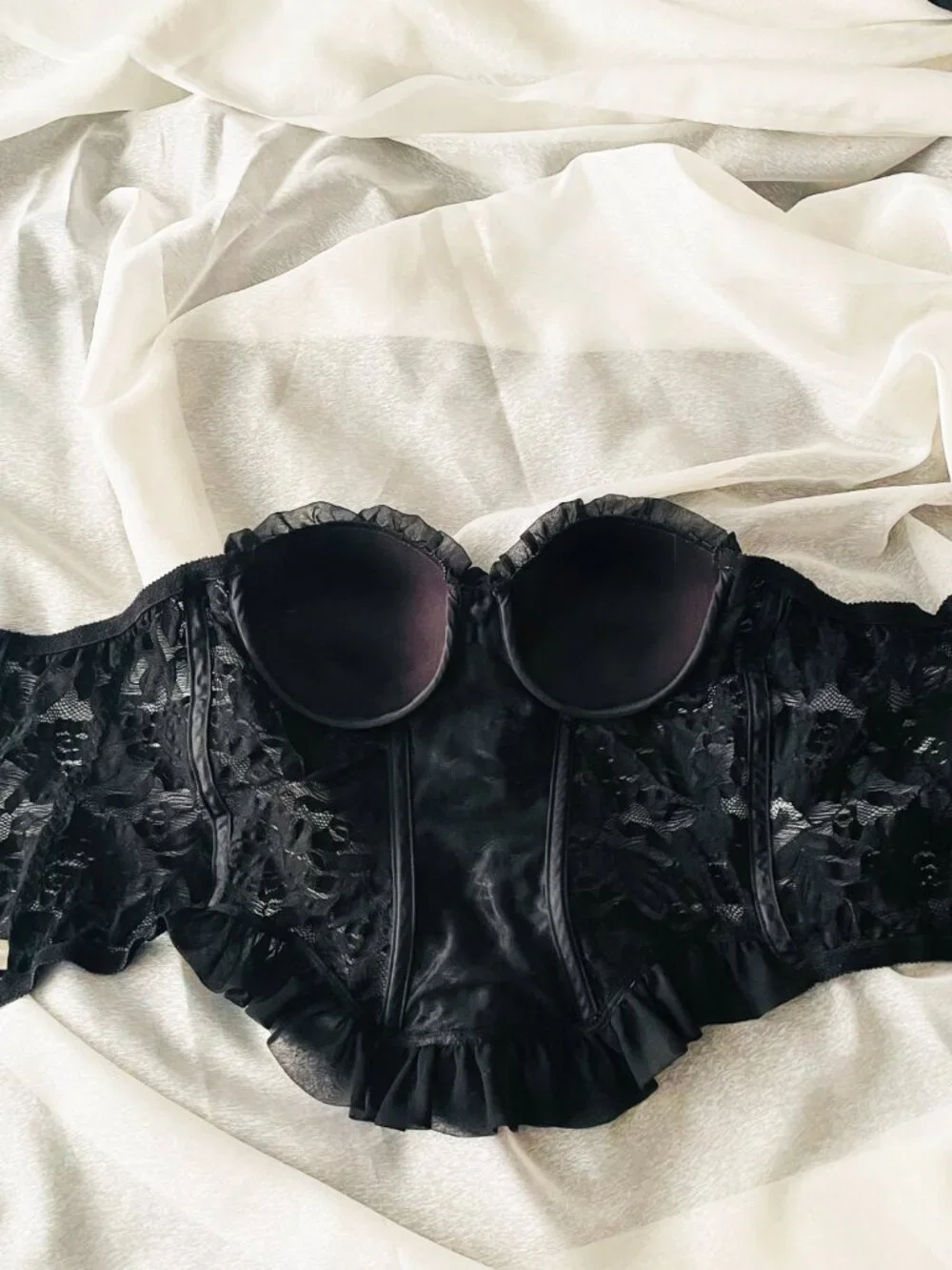 Rare: Vintage Christian Dior Black Lace + Chiffon Rose Detail Bustier - Size 34B - Picture 8 of 11